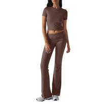 Women’s Two Piece Set Short Sleeve Crop Top and High Waist Flared Pants Casual Matching Outfit for Daily Wear S kava