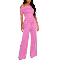 Women Off Shoulder Ruched Jumpsuit Wide Leg Stretchy Fabric Casual Loose Fit Outfit for Daily Wear M
