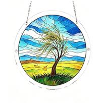 Acrylic Suncatcher Window Hanging Art Panel Round Stained Glass Style Puzzle for Home Office Decor with Tree Landscape Design One Size