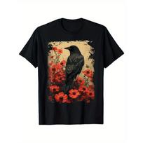 Gothic Crow and Red Poppy Pattern T-Shirt Vintage Flower Crow S įvairiaspalvis
