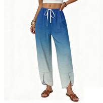 Women's Drawstring Waist Loose Fit Gradient Print Casual Wide Leg Pants Lightweight Breathable Fabric S mėlyna