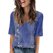 Women's Casual Floral Printed V-Neck Short Sleeve Blouse Lightweight Summer Tops for Daily Wear, Comfortable and Stylish L mėlyna