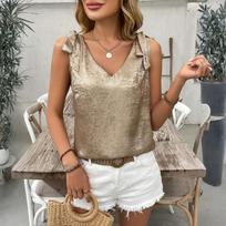 Women's Metallic Foil V Neck Tie Front Sleeveless Camisole Top with Bow Detail Lightweight Summer Blouse L auksas