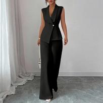 Sleeveless Wide Leg Two Piece Set for Women Business V Neck Blazer Top and High Waist Trousers Elegant Office Outfit Suit L juoda