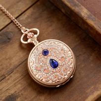 Vintage Rose Gold Pocket Watch Crystal Blue Teardrop Gem Pendant Necklace Watch for Women Birthday Gifts juoda
