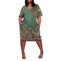 Women Plus Size V Neck Short Sleeve Knee Length Dress with Pockets Casual Loose Fit Vintage Floral Print for Summer Wear L armijos žalia spalva
