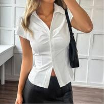 Womens Ruched Bust Short Sleeve Button Down Fitted Shirt S balta