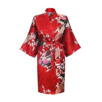 Moteriškos japoniško stiliaus kimono pižamos trumpomis rankovėmis moteriškos margintos povo spalvos ilgi naktiniai marškiniai, imituojantis šilkinis chalatas XS raudona