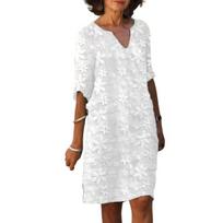 Moteriška paplūdimio suknelė V formos iškirpte, pusės rankovių, su gėlių siuvinėjimu, įvelkama, elegantiška, kasdienė, balta spalva, moteriška, vasarinė, laisva, kasdienė, midi suknelė, atostogoms M balta