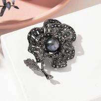 Black Rhinestone Bow Brooches For Women Pearl Plant Pin Flower Lapel Pins Office Party Friend Gifts Jewelry Accessories