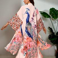 Bohemian Plus Size Beach Kimono, Peacock Feather Print, Summer Cardigan Cover-Up With Belt One size