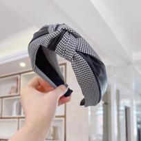 PROLY New Fashion Women's Hair Accessories PU Leather Plaid Patchwork Headwear Classic Houndstooth Hairband Headband