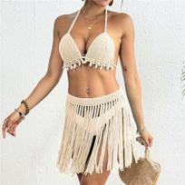 Moterų rankomis nertas dviejų dalių bikini komplektas su kriauklių mozaika ir kutais, stilingi elegantiški paplūdimio drabužiai vasaros atostogoms One Size smėlis