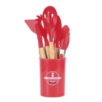 12-Piece Silicone Kitchen Utensil Set with Wooden Handles and Storage Bucket, Non-Stick Cookware