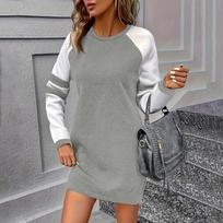 Women's Loose Comfortable Casual Fashionable Contrasting Color Round Neck Long Sleeved Sweatshirt Dress M