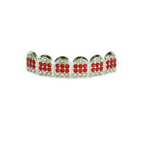 Square Red Full Diamond Metal Hip Hop Grillz Set - Trendy Rap Teeth Accessory