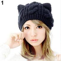Women's Winter Fashion Lovely Cat Ear Crochet Knitted Ski Woolen Cap Beanie Hat juoda