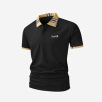 Vyriški dryžuotu apykakle trumpomis rankovėmis Pringle polo marškinėliai su liūto logotipo spauda, kvėpuojantys, laisvalaikio, sportiniai viršutiniai drabužiai L juoda