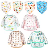 4-Pack Bibs With Waterproof Sleeves - Long Sleeve Bibs For Babies With Adjustable Neckline And 4 Bibs