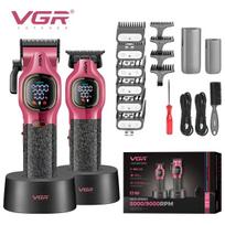 VGR Professional Hair Clippers for Men, Cordless Barber Trimmer Set with Case, 9000 RPM Rechargeable Electric Razor with LED Digital Display V-886 S2 rožinė