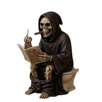 Resin Grim Reaper Statue Sitting on Toilet Reading Book Halloween Decoration Indoor Outdoor Display Figurine