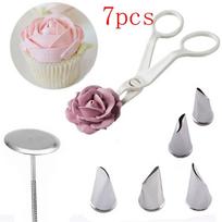 7 vnt./rinkinys Tortų dekoravimo įrankių rinkinys su žirklėmis ir antgaliais, plastikas ir nerūdijantis plienas 7pcs/set