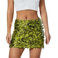 Women Mini Skirt High Waist Side Lace-up Design Short Skirt Shiny Sequins Hip S geltonai žalia