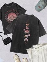 Sun Moon Stars Distressed Wash Street Style Couple TShirt  Retro Washed T Shirt YK Summer Aesthetic Top Daily Streetwear S