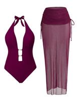 Solid Color Tie Back Sexy Backless One Piece Two Piece Swimsuit With Cover Up Skirt Fashion Elegant Beach Vacation Swimwear S