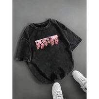 Pink Monarch Butterfly Block Print Graphic TShirt Retro YK Cute Butterfly Pink Square Short Sleeve Loose Fit Crew Neck Top S