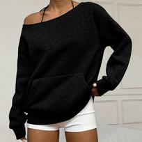 Women’s Long Sleeve Off Shoulder Pullover Sweatshirt Loose Fit Casual Knitwear Top with Front Pocket for Everyday Wear M juoda