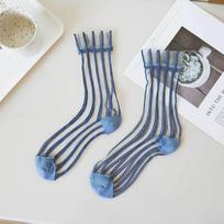 Breathable Ultra-thin Transparent Mesh For Women Japanese style Glass Silk Socks Female Hosiery Middle Tube Socks Striped Socks 35-39 mėlyna