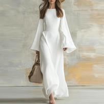 Long Sleeve Maxi Dress for Women Elegant Flared Sleeve Floor Length Gown with Fitted Waist Solid Patterned Design L balta