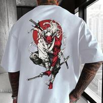 Samurai Print T-Shirt 100% Cotton Short Sleeve Martial Arts Design with Katana Kanji Back Print Casual Summer Round Neck Tee S įvairiaspalvis