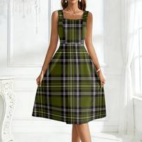 Women Sleeveless Plaid Dress Square Neckline A-Line Flared Midi Dress Casual Summer Sundress L armijos žalia spalva