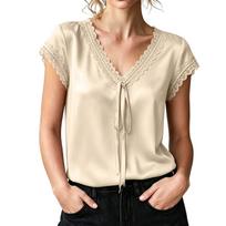 Women Satin Lace Trim V Neck Short Sleeve Blouse with Tie Front Loose Fit Lightweight Soft Fabric Top Shirt L smėlis