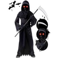 Kids Grim Reaper Costume with Glowing Eyes, Scythe, Gloves, and Glasses Halloween Cosplay Set for Boys and Girls 130 juoda