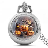 Creative Vintage Compact Medium Quartz Necklace Pocket Watch Alloy Round Dial Funny Stickers Halloween Cheap Gift For Kids
