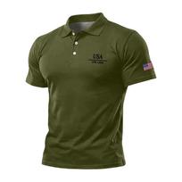 Mens Classic Fit Short Sleeve Polo Shirt with USA Letter Print and Sleeve Flag Embroidery Three Button Placket L armijos žalia spalva
