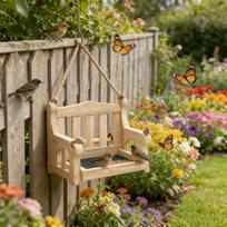 Wooden Hanging Swing Bench Bird Feeder Outdoor Garden Yard Decor Natural Material Rope Suspension Design One Size geltona