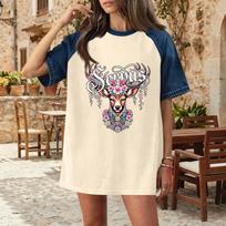 Casual Women Denim Patchwork Oktoberfest Graphic T Shirt Short Sleeve Comfortable Loose Fit Tee Top for Daily Wear XXL chaki