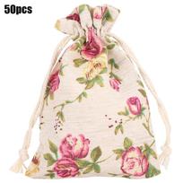 50PCs Burlap Bag Drawstring Flower‑Pattern Jewelry Packing Christmas Day Wedding Party Supplies