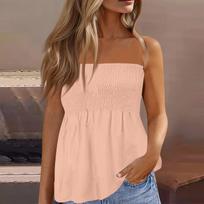 Women's Strapless Smocked Tube Top Summer Casual Off-Shoulder Sleeveless Blouse for Beach, Party, Vacation Wear L smėlis