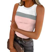 Women's Summer Fashion Casual Colorblock Print Crew Neck Sleeveless Top Slim Fit Tank Top Suitable for Daily Wear and Outdoor Activities S rožinė