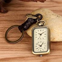 Bronze keychain pocket watch square retro double time movement quartz watch without cover antique style pendant ruda