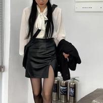 Black PU Leather Skirts Women Sexy Split Slim High Waisted A-line Skirts Spring Summer Korean Fashion Ladies Bottoms Business Attire XS juoda