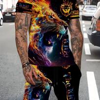 2-Piece Men's Summer Casual Set - Lion Motif & Letter Design, Comfortable Short Sleeve Tee & Drawstring Shorts Combo, Ideal for Outdoor Leisure S