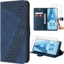Case for Samsung Galaxy A53 5G + 2 Tempered Glasses, Navy Blue, Embossed Leather Effect with Adjustable Stand mėlyna