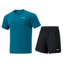 Li Ning paprastas kvėpuojantis patogus apvalios apykaklės viršus ir elastingu juosmeniu šortai, laisvalaikio sportinis kostiumas, unisex komplektai, koralų-mėlynos, juodos spalvos AATU015-4 XS