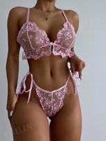 New August Fashion: Pink Five-Point Print Sexy Temptation Three-Piece Set S rožinė